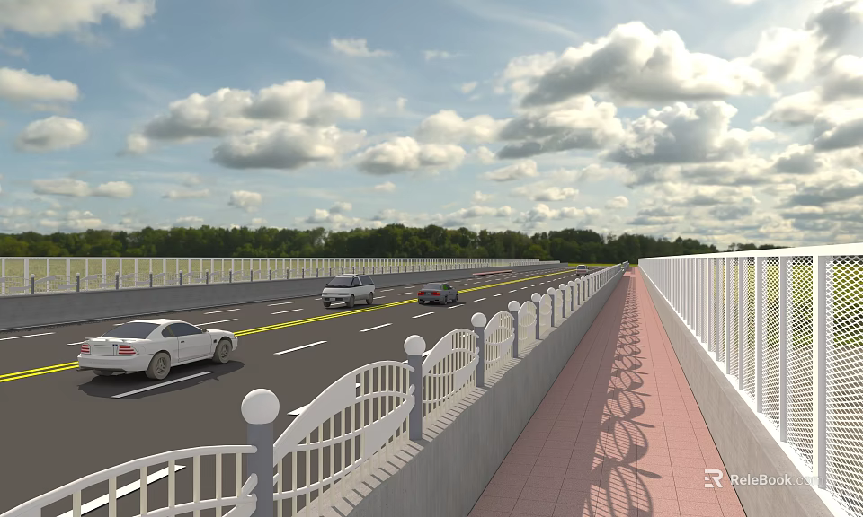 Road Facilities With Two Way Traffic Lanes White Railings Red Footpath And Green Trees 3d model 
