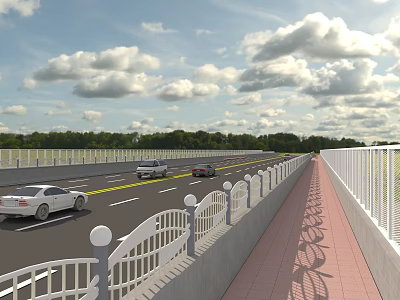 Road Facilities With Two Way Traffic Lanes White Railings Red Footpath And Green Trees 3d model