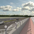 Road Facilities With Two Way Traffic Lanes White Railings Red Footpath And Green Trees