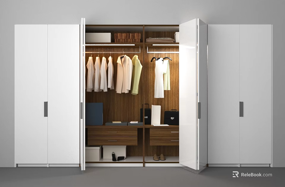 White Wardrobe With Open Doors Hanging Clothes And Storage Drawers 3d model 
