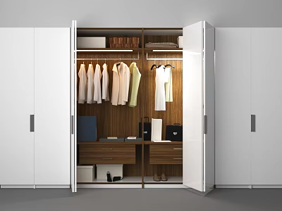 White Wardrobe With Open Doors Hanging Clothes And Storage Drawers 3d model