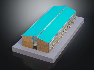 Industrial Building With Blue Roof And Brick Wall Featuring Multiple Windows And Front Entrance 3d model