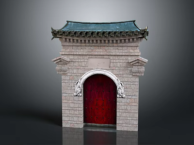 Traditional Chinese Ancient Gate With Green Tile Roof Stone Wall And Red Wooden Door 3d model
