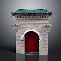 Traditional Chinese Ancient Gate With Green Tile Roof Stone Wall And Red Wooden Door