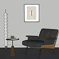 Modern Black Leather Armchair With Side Table Coffee Cup Floor Lamp And Wall Art