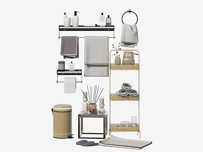 Modern Bathroom Accessories With Shelf Towels Toiletries Trash Can And Bath Mat 3d model
