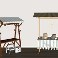 Commercial Outdoor Setup With Wooden Structures Striped Awnings Tables And Decorative Lighting