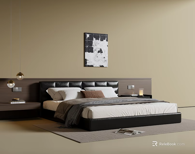 Modern Double Bed with Leather Headboard White Bedding and Abstract Wall Art in Minimalist Bedroom 3d model 