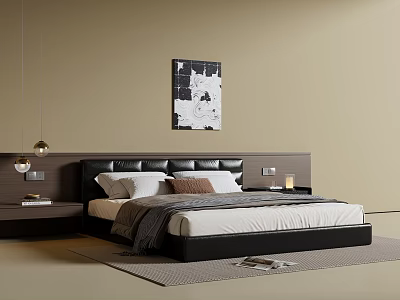Modern Double Bed with Leather Headboard White Bedding and Abstract Wall Art in Minimalist Bedroom 3d model