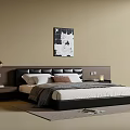 Modern Double Bed with Leather Headboard White Bedding and Abstract Wall Art in Minimalist Bedroom