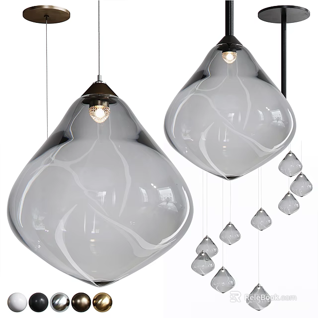 Two Oversized Glass Pendant Lamps With White Swirl Patterns And Hanging Small Decorative Pendants 3d model 