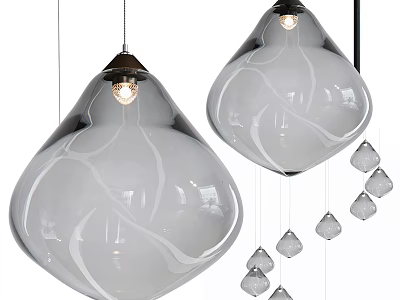 Two Oversized Glass Pendant Lamps With White Swirl Patterns And Hanging Small Decorative Pendants 3d model