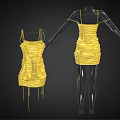 Yellow Spaghetti Strap Ruched Dress With Drawstring Details On Mannequin And Hanger