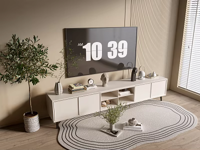 Modern White TV Stand With Flat Screen TV Decorative Accents Potted Plant And Area Rug 3d model