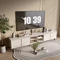 Modern White TV Stand With Flat Screen TV Decorative Accents Potted Plant And Area Rug