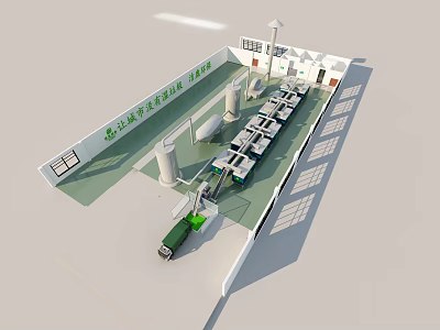 Industrial Equipment Production Line In Workshop With Conveyor Belt And Columns 3d model