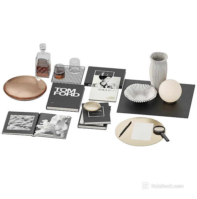 Stylish Modern Home Decor Tabletop Decorative Accessories Set With Vases Trays Books Sculptures And Bowls 3d model 