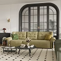 Beige And Green Sofa Set In Elegant Living Room With Arched Window And Herringbone Floor