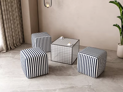 Stylish Striped Stools And Square Table In Modern Interior With Plant And Curtains 3d model