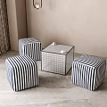 Stylish Striped Stools And Square Table In Modern Interior With Plant And Curtains