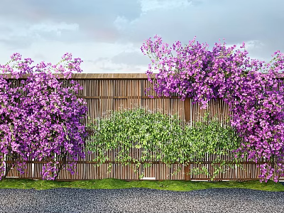 Purple Vines Covering Wooden Fence With Green Plants And Grass Under Sky 3d model