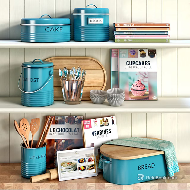Organized Kitchen Utensils With Blue Storage Containers Metal Holder Wooden Cutting Board And Cookbooks 3d model 