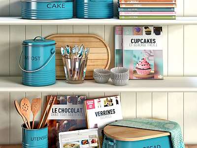 Organized Kitchen Utensils With Blue Storage Containers Metal Holder Wooden Cutting Board And Cookbooks 3d model