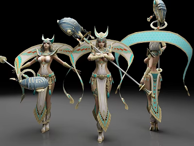 Egyptian Themed Women in Ornate Attire with Decorative Wings Headdresses and Staffs 3d model