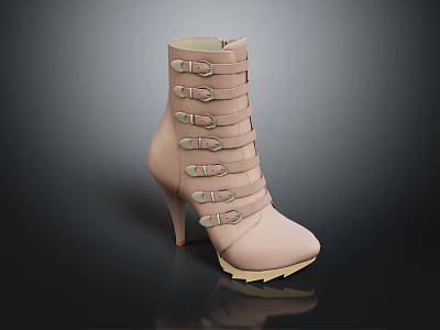 Fashionable Beige High Heel Boots With Multiple Straps Metal Buckles Thin Heel And Yellow Sole 3d model