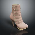 Fashionable Beige High Heel Boots With Multiple Straps Metal Buckles Thin Heel And Yellow Sole
