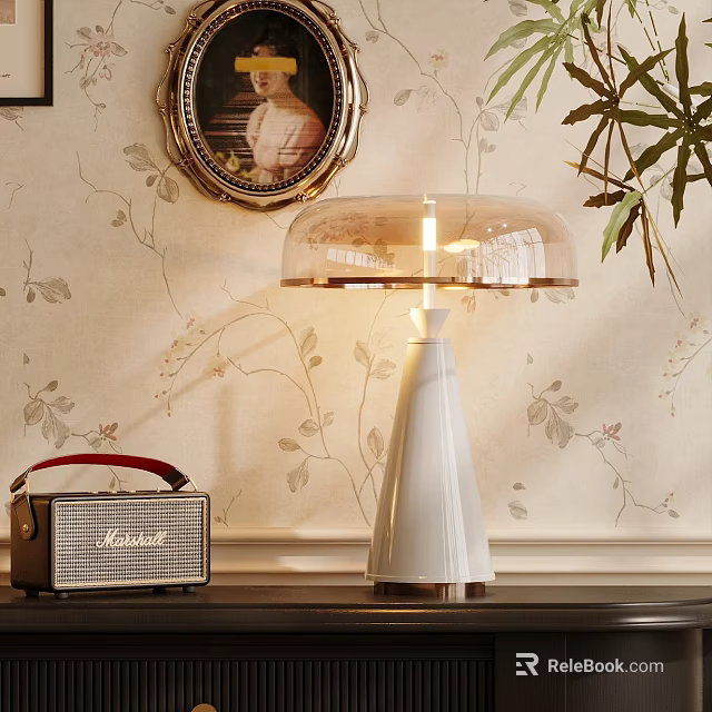 Elegant White Conical Table Lamp with Transparent Shade Vintage Radio and Floral Wallpaper 3d model 