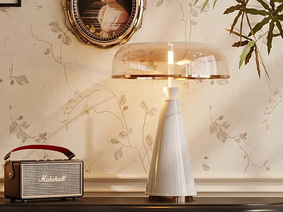 Elegant White Conical Table Lamp with Transparent Shade Vintage Radio and Floral Wallpaper 3d model