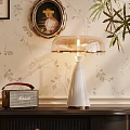 Elegant White Conical Table Lamp with Transparent Shade Vintage Radio and Floral Wallpaper