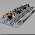 Orange and white passenger train on railway platform with multiple carriages and rail tracks