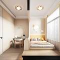 Modern Tatami Bedroom Interior With Desk Chair Window Curtains And Storage Cabinets