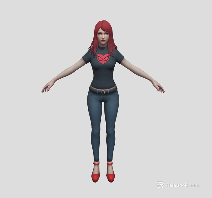 Red Haired Female Game and Movie Character in Black T shirt Red Heart Logo Blue Jeans Red Heels 3d model 
