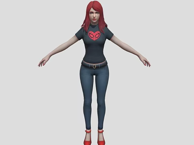 Red Haired Female Game and Movie Character in Black T shirt Red Heart Logo Blue Jeans Red Heels 3d model