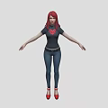 Red Haired Female Game and Movie Character in Black T shirt Red Heart Logo Blue Jeans Red Heels
