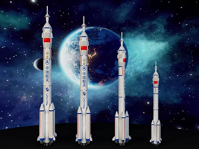 Four Chinese Long March Rockets In Space With Earth And Starry Background 3d model