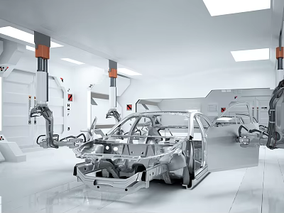 Automotive Manufacturing Factory With Robotic Arms Assembling Car Frame Structure 3d model