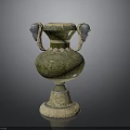 Carved Vase Sculpture with Green Glaze and Animal Head Handles on Beige Base