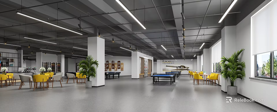 Spacious Recreational Room With Ping Pong Billiards Yellow Chairs And Plants 3d model 