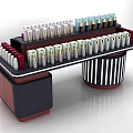 Modern Retail Display Shelf With Multicolored Cosmetic Products And Striped Pillars