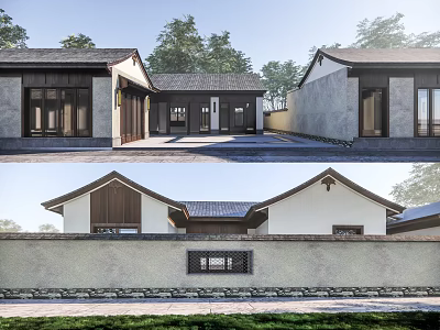 Traditional Chinese Detached Villa With Classic Roof Wooden Elements Stone Wall And Courtyard Trees 3d model