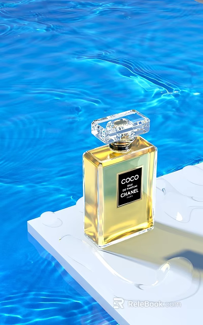 COCO CHANCE Perfume In Transparent Crystal Bottle With Yellow Liquid On Blue Water 3d model 