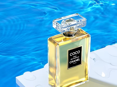 COCO CHANCE Perfume In Transparent Crystal Bottle With Yellow Liquid On Blue Water 3d model