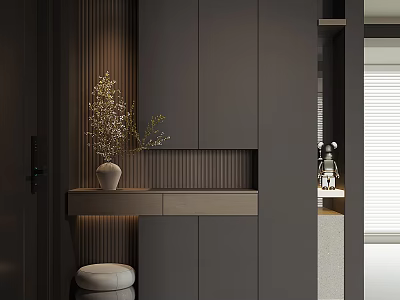 Modern Dark Gray Shoe Cabinet With LED Lighting Storage And Decorative Plant 3d model