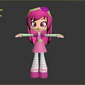 Cartoon Character with Pink Hair Green Headband Pink Dress Striped Socks Pink Shoes Arms Outstretched