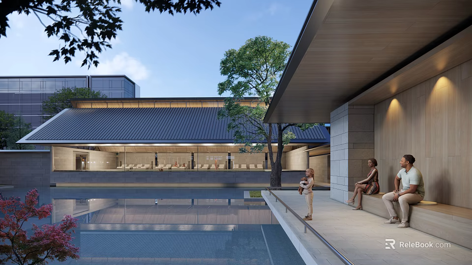 Serene Modern Garden Landscape With Reflective Pool Trees And Seating Area 3d model