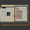 Industrial Building Model with Construction Frame Interior White Crates Orange Equipment and Yellow Floor Markings